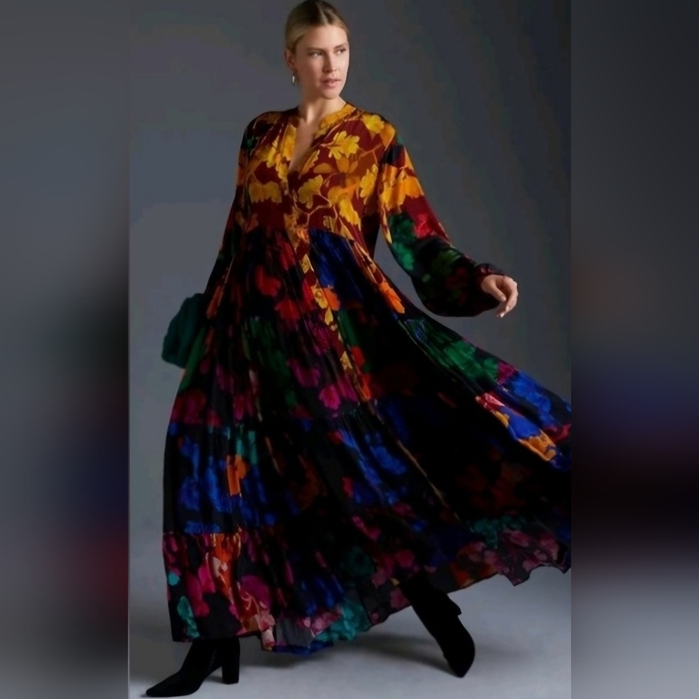 Siddhartha‎ Bansal Anthro Aerial Boho Elegant Multicolor Floral Maxi Dress S
